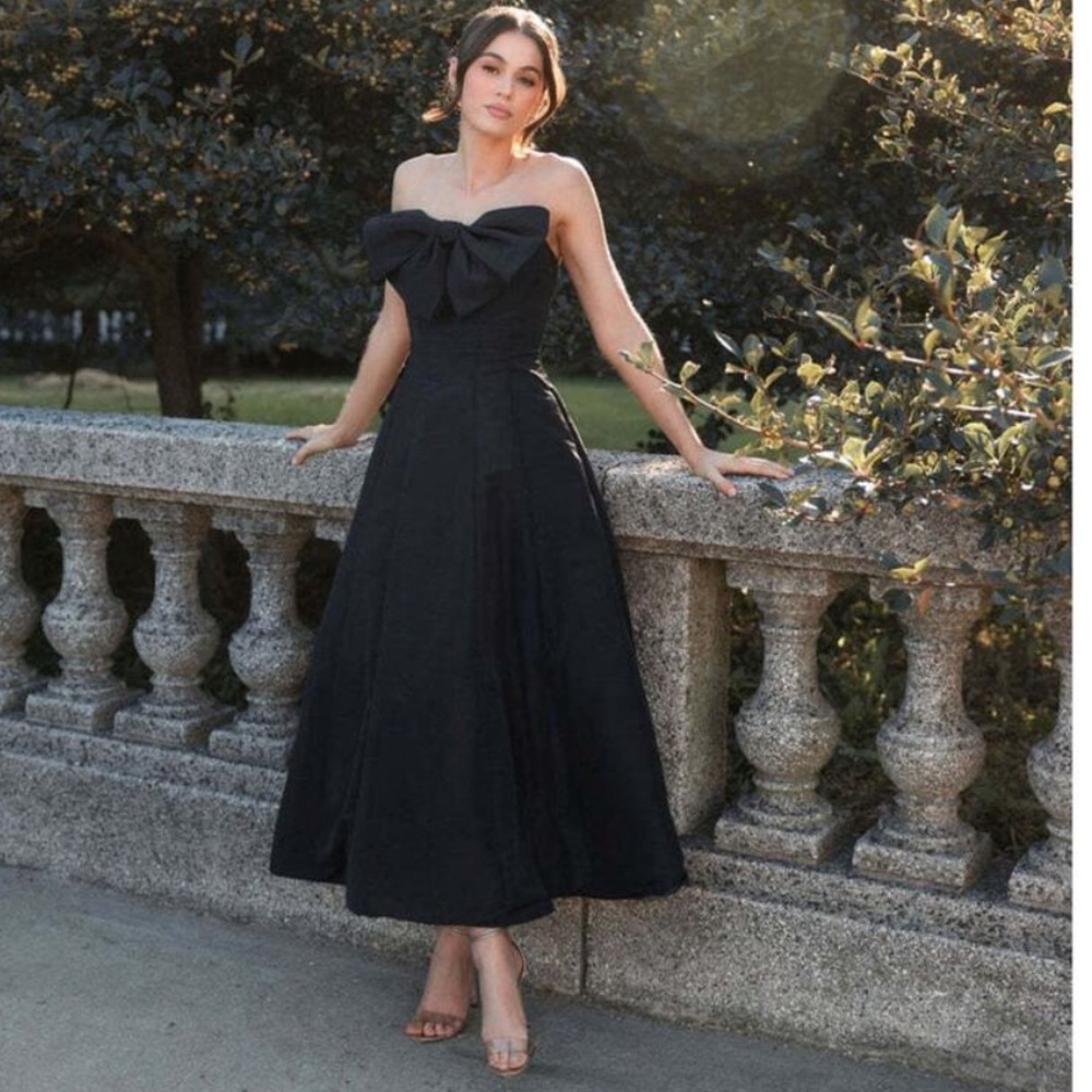 Mac Duggal 49605 Black Strapless A-Line Tea Length Bow Detail Dress Sz. 4 NWT